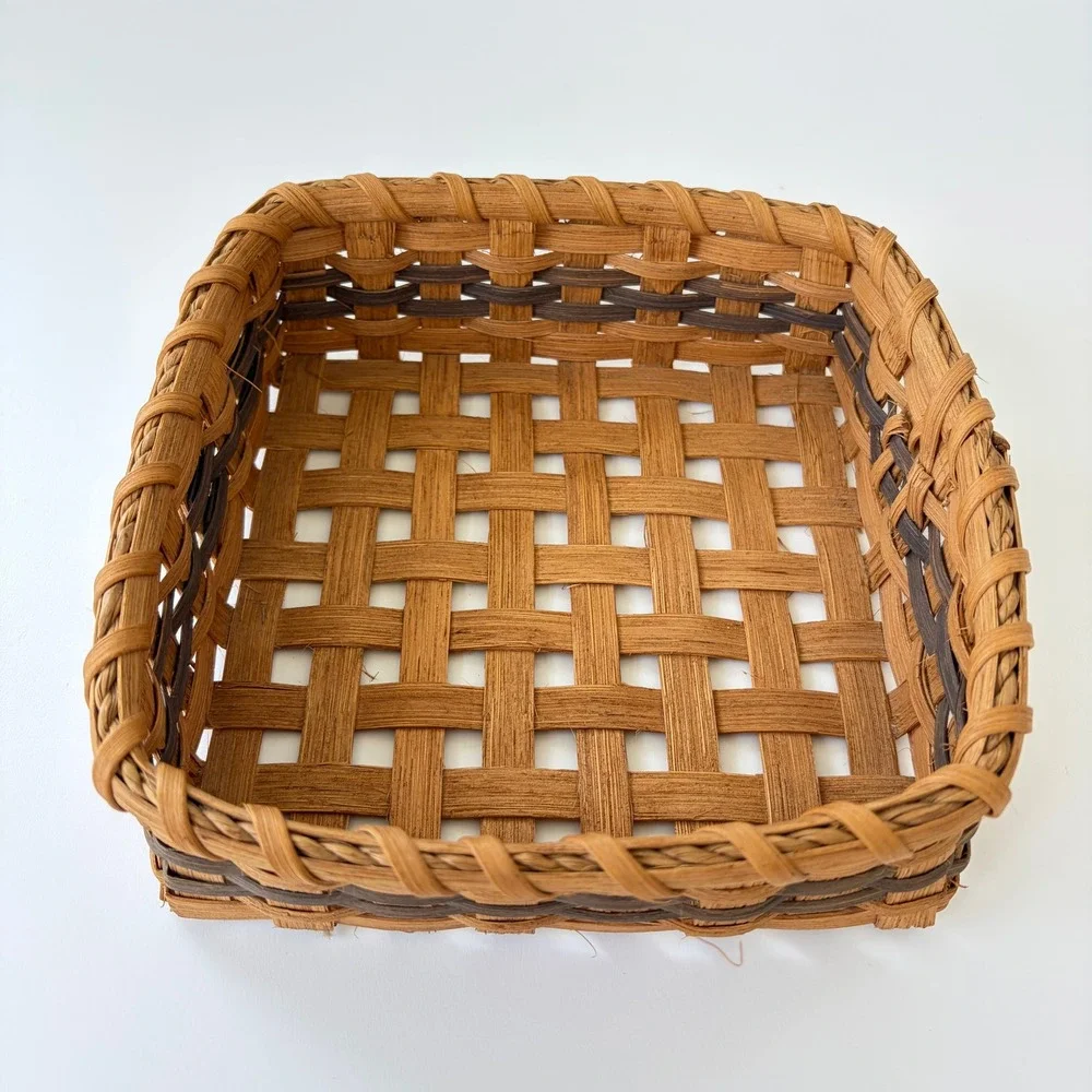 Handwoven Square Splint Basket Two Tone Brown Storage Tray 7.5in